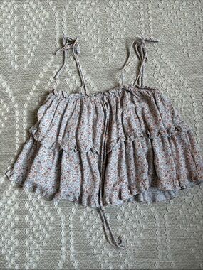 Tiered Smocked Tie-Strap Floral Cami in White with Rust Floral